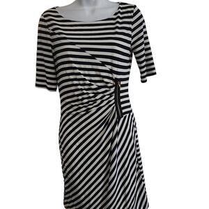 Tahari Arthur Levine Size Size 2P Navy and White Wide Stripe Wrap Dress